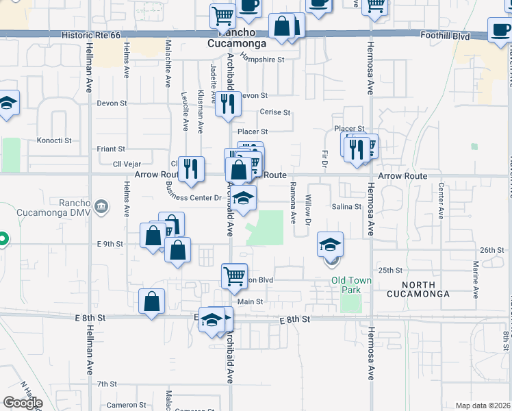 map of restaurants, bars, coffee shops, grocery stores, and more near 8593 Archibald Avenue in Rancho Cucamonga