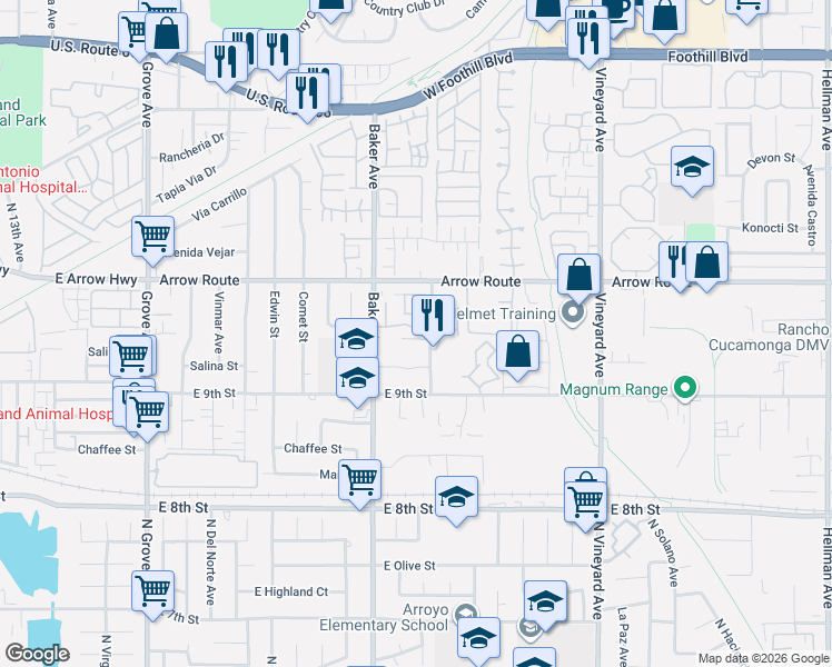 map of restaurants, bars, coffee shops, grocery stores, and more near 8586 Salina Street in Rancho Cucamonga