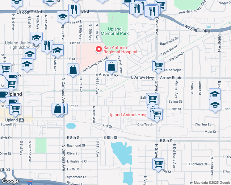 map of restaurants, bars, coffee shops, grocery stores, and more near 1205 East 9th Street in Upland