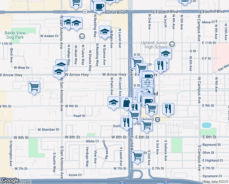 map of restaurants, bars, coffee shops, grocery stores, and more near 227 West Vernon Drive in Upland
