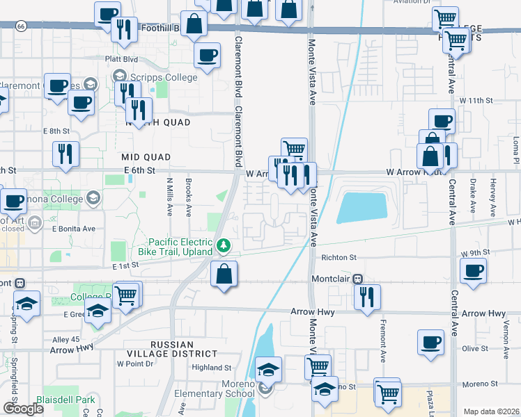 map of restaurants, bars, coffee shops, grocery stores, and more near 306 Golden Bear Lane in Upland