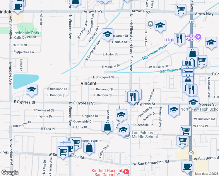 map of restaurants, bars, coffee shops, grocery stores, and more near 16744 East Bellbrook Street in Covina