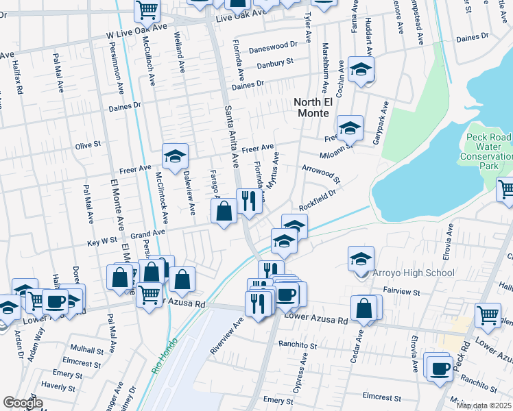map of restaurants, bars, coffee shops, grocery stores, and more near 5025 Florinda Avenue in Temple City