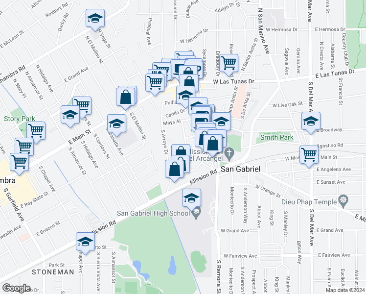 map of restaurants, bars, coffee shops, grocery stores, and more near 301 San Marcos Street in San Gabriel