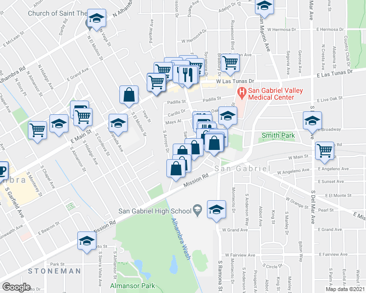 map of restaurants, bars, coffee shops, grocery stores, and more near 301 San Marcos Street in San Gabriel