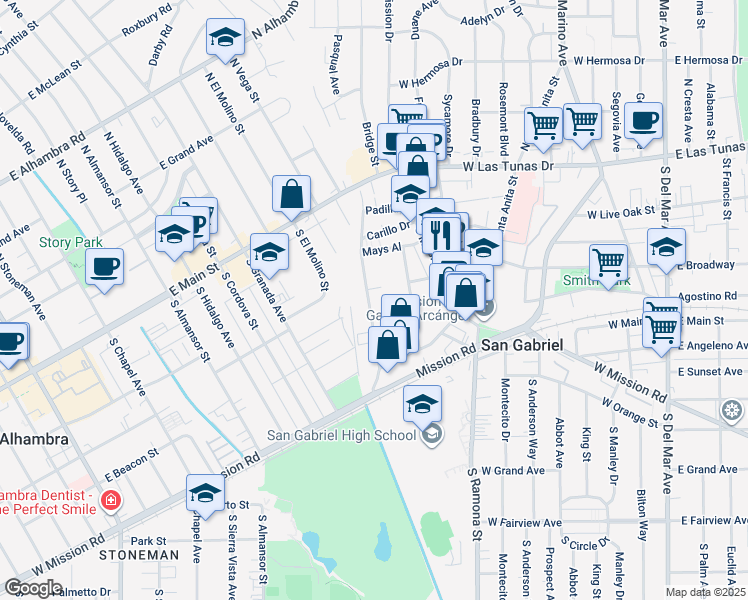 map of restaurants, bars, coffee shops, grocery stores, and more near 301 San Marcos Street in San Gabriel