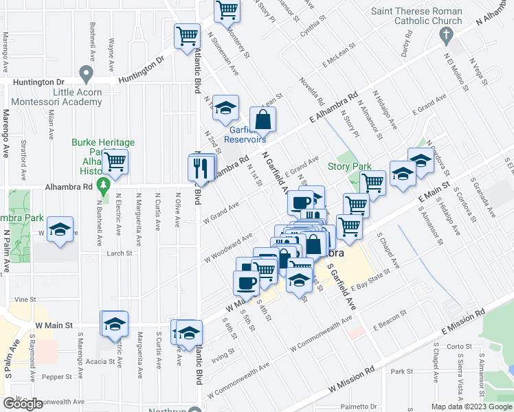 map of restaurants, bars, coffee shops, grocery stores, and more near 112 West Grand Avenue in Alhambra