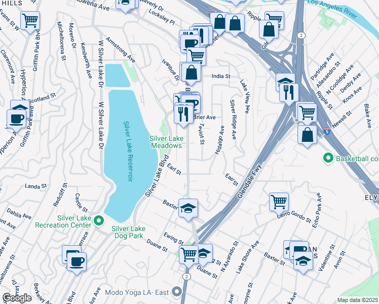 map of restaurants, bars, coffee shops, grocery stores, and more near 2323 Teviot Street in Los Angeles