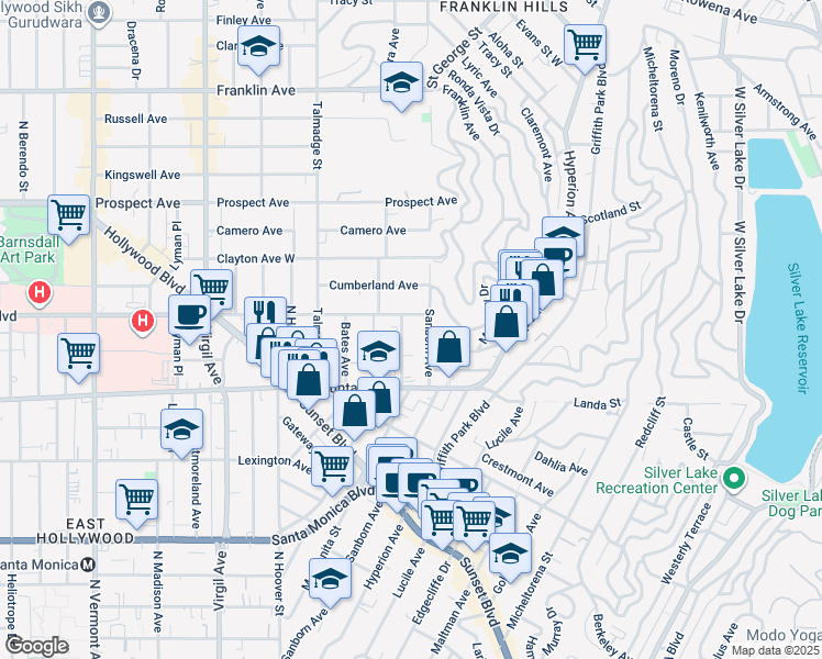 map of restaurants, bars, coffee shops, grocery stores, and more near 1442 Manzanita Street in Los Angeles