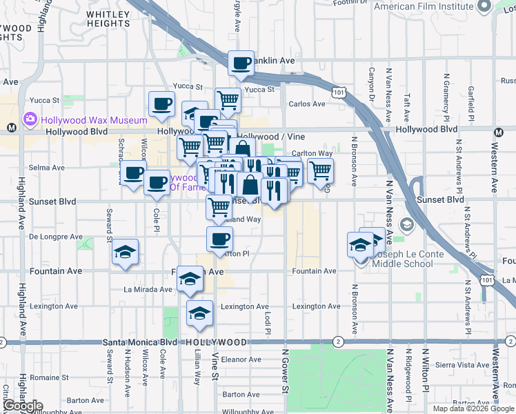 map of restaurants, bars, coffee shops, grocery stores, and more near 6210 Sunset Boulevard in Los Angeles