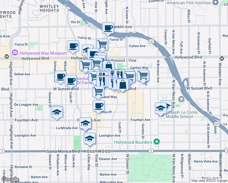 map of restaurants, bars, coffee shops, grocery stores, and more near 6210 Sunset Boulevard in Los Angeles