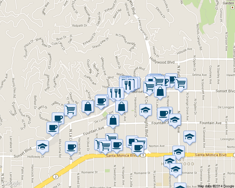 map of restaurants, bars, coffee shops, grocery stores, and more near 8260 Marmont Lane in Los Angeles