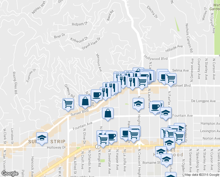 map of restaurants, bars, coffee shops, grocery stores, and more near 8260 Marmont Lane in Los Angeles