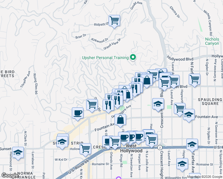 map of restaurants, bars, coffee shops, grocery stores, and more near 8400 Hollywood Boulevard in Los Angeles