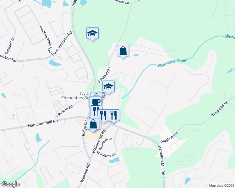 map of restaurants, bars, coffee shops, grocery stores, and more near 3452 Hard Creek Lane Northeast in Buford