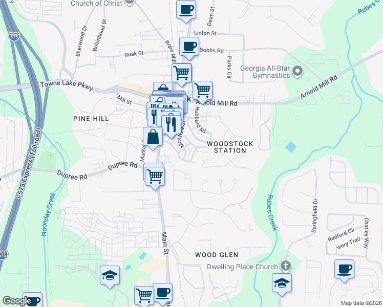 map of restaurants, bars, coffee shops, grocery stores, and more near 249 Fowler Street in Woodstock