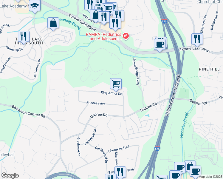 map of restaurants, bars, coffee shops, grocery stores, and more near 230 King Arthur Drive in Woodstock