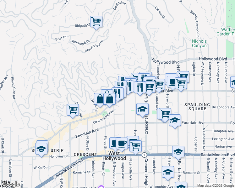 map of restaurants, bars, coffee shops, grocery stores, and more near 8260 Marmont Lane in Los Angeles