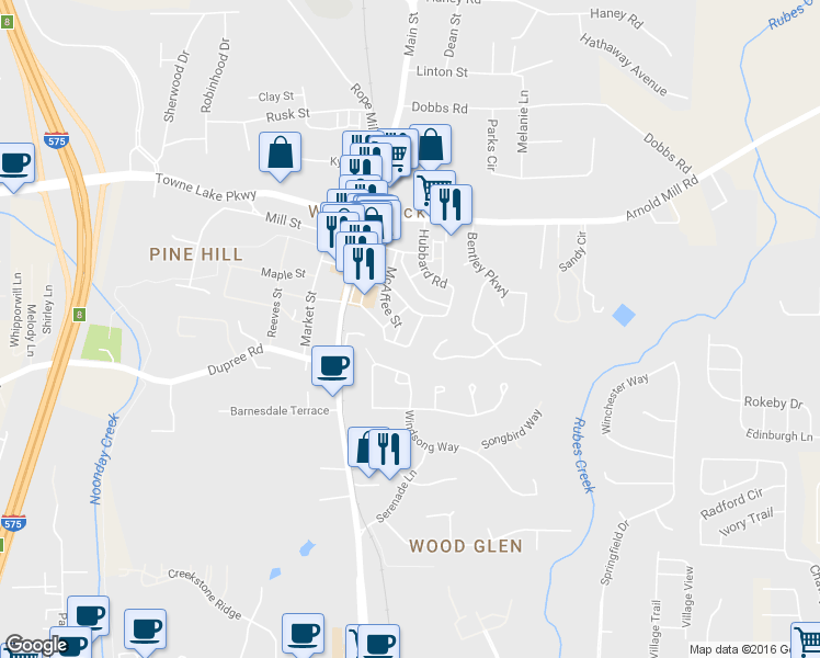 map of restaurants, bars, coffee shops, grocery stores, and more near 249 Fowler Street in Woodstock