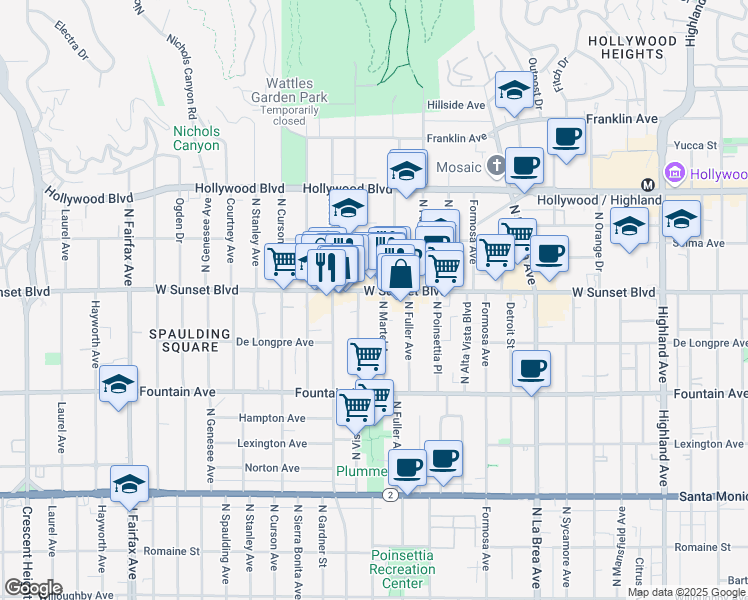 map of restaurants, bars, coffee shops, grocery stores, and more near 7405 Sunset Boulevard in Los Angeles