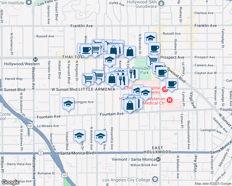 map of restaurants, bars, coffee shops, grocery stores, and more near 4950 Sunset Boulevard in Los Angeles