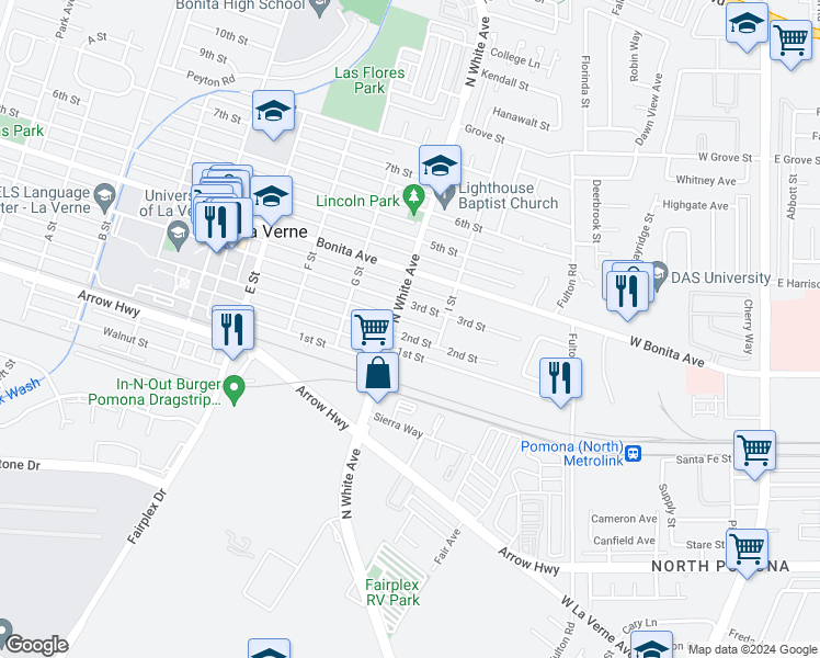 map of restaurants, bars, coffee shops, grocery stores, and more near 2531 2nd Street in La Verne