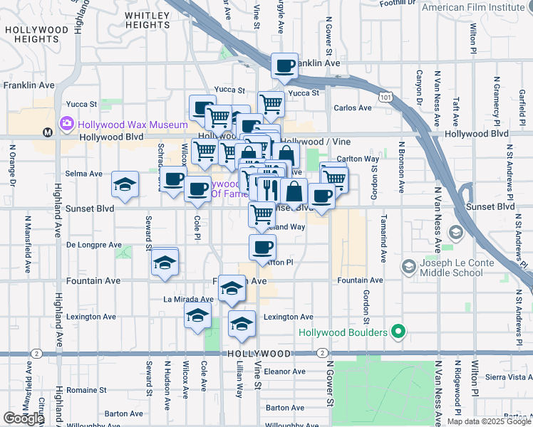 map of restaurants, bars, coffee shops, grocery stores, and more near 1480 Vine Street in Los Angeles