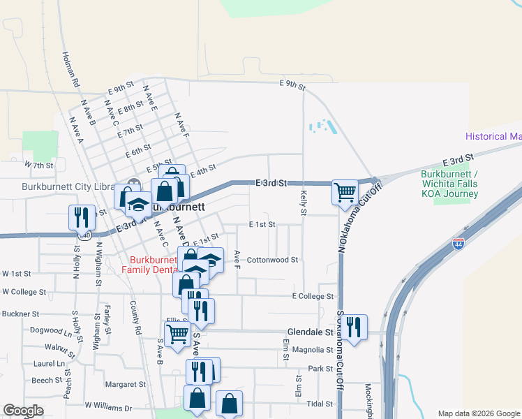 map of restaurants, bars, coffee shops, grocery stores, and more near 709 East 1st Street in Burkburnett