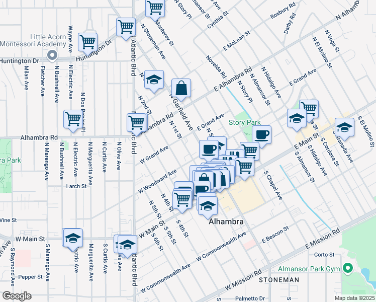 map of restaurants, bars, coffee shops, grocery stores, and more near 315 North 1st Street in Alhambra