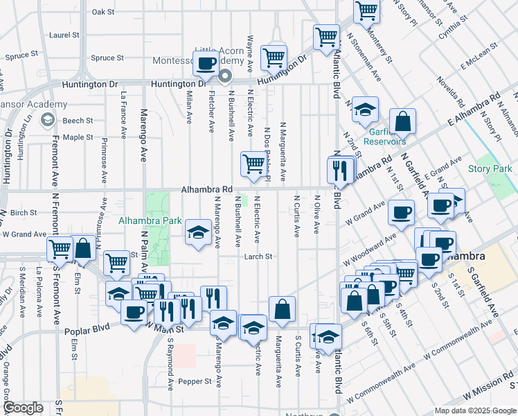 map of restaurants, bars, coffee shops, grocery stores, and more near 500 North Electric Avenue in Alhambra