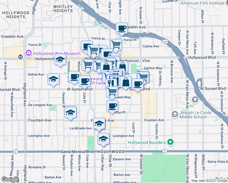 map of restaurants, bars, coffee shops, grocery stores, and more near 1480 Vine Street in Los Angeles