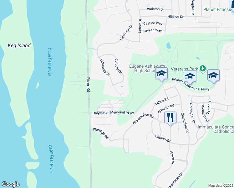 map of restaurants, bars, coffee shops, grocery stores, and more near 7132 Lipscomb Drive in Wilmington