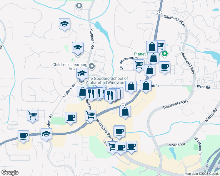 map of restaurants, bars, coffee shops, grocery stores, and more near 3113 Huntington Place in Milton