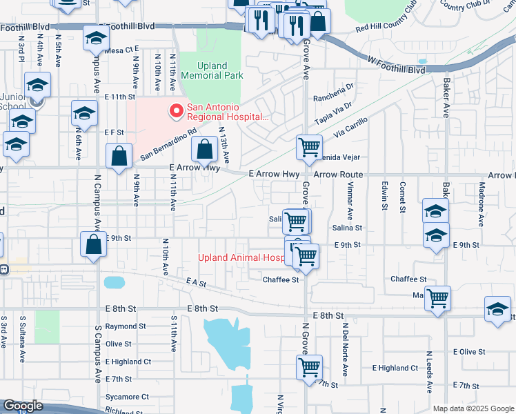 map of restaurants, bars, coffee shops, grocery stores, and more near 1402 Rue Court in Upland