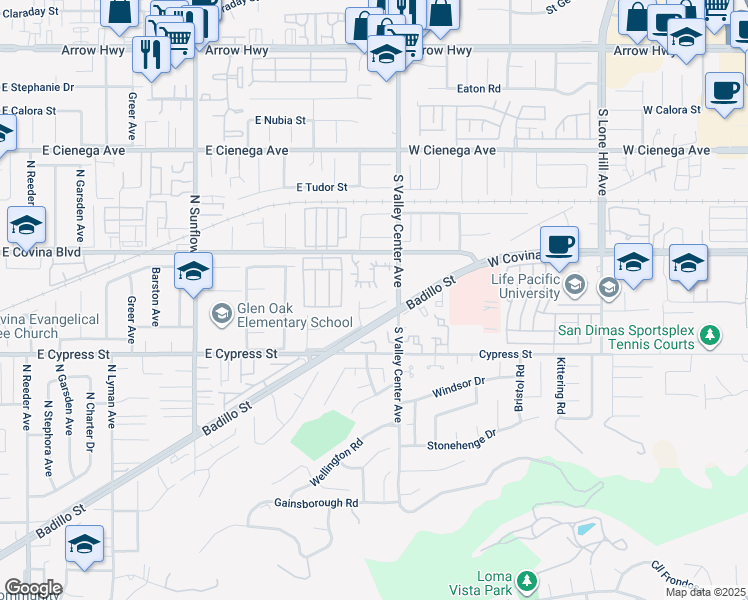 map of restaurants, bars, coffee shops, grocery stores, and more near 21319 East Benbow Street in Covina