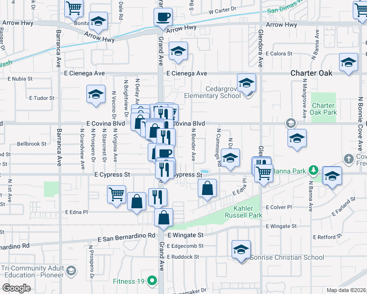 map of restaurants, bars, coffee shops, grocery stores, and more near 21109 East Bellbrook Street in Covina