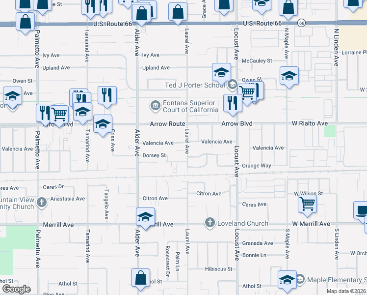 map of restaurants, bars, coffee shops, grocery stores, and more near 8596 Laurel Avenue in Fontana