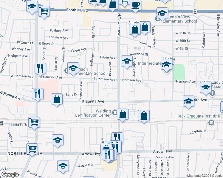 map of restaurants, bars, coffee shops, grocery stores, and more near 2867 Apple Court in Pomona