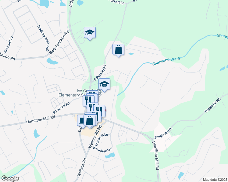 map of restaurants, bars, coffee shops, grocery stores, and more near 3452 Hard Creek Lane Northeast in Buford