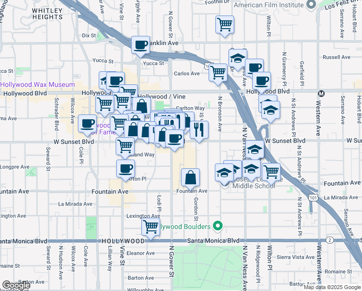 map of restaurants, bars, coffee shops, grocery stores, and more near 6050 Sunset Boulevard in Los Angeles