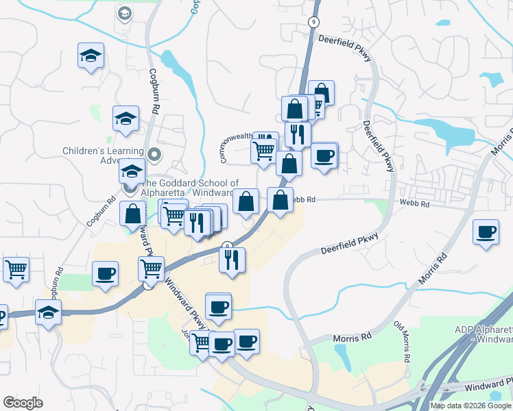 map of restaurants, bars, coffee shops, grocery stores, and more near 2925 Webb Road in Alpharetta