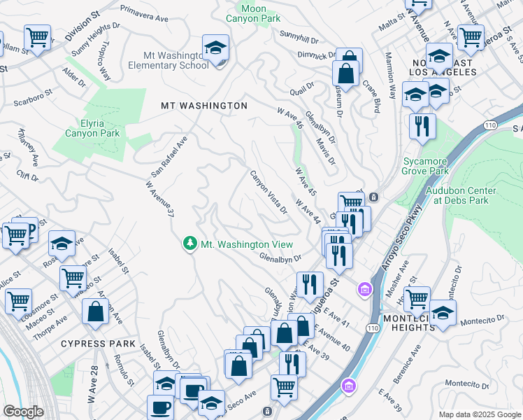 map of restaurants, bars, coffee shops, grocery stores, and more near 450 Colina Alley in Los Angeles