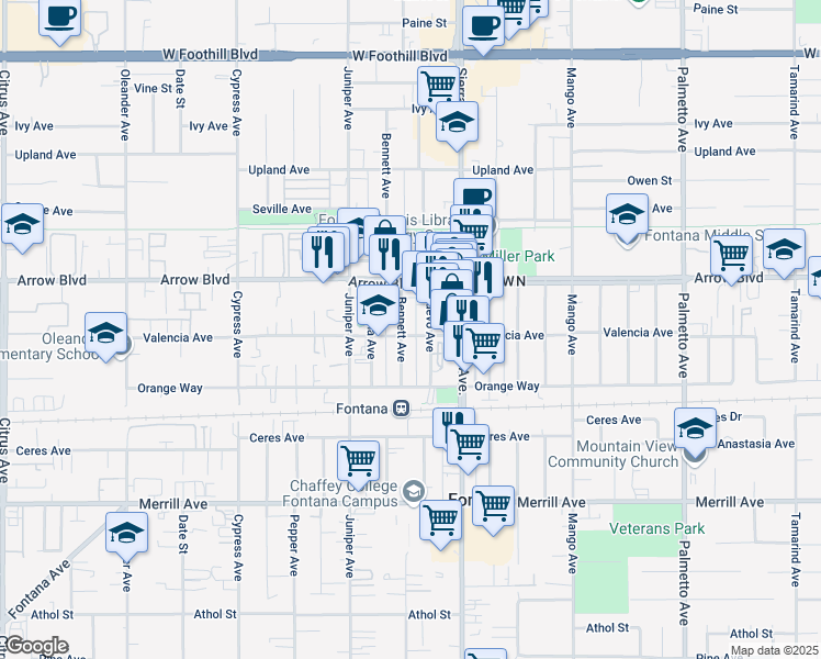 map of restaurants, bars, coffee shops, grocery stores, and more near 8565 Bennett Avenue in Fontana