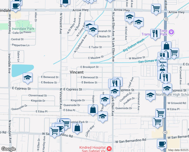 map of restaurants, bars, coffee shops, grocery stores, and more near 16744 East Bellbrook Street in Covina