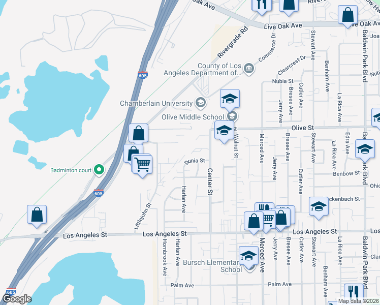 map of restaurants, bars, coffee shops, grocery stores, and more near 13441 Park Centre Street in Baldwin Park