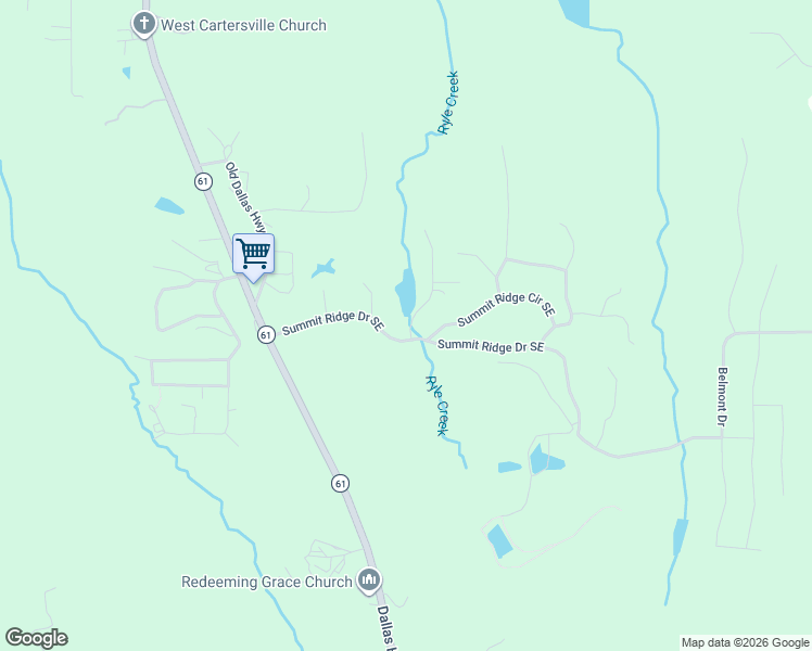 map of restaurants, bars, coffee shops, grocery stores, and more near 73 Summit Ridge Drive Southeast in Cartersville