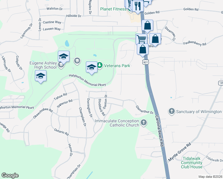 map of restaurants, bars, coffee shops, grocery stores, and more near 707 Burroughs Drive in Wilmington