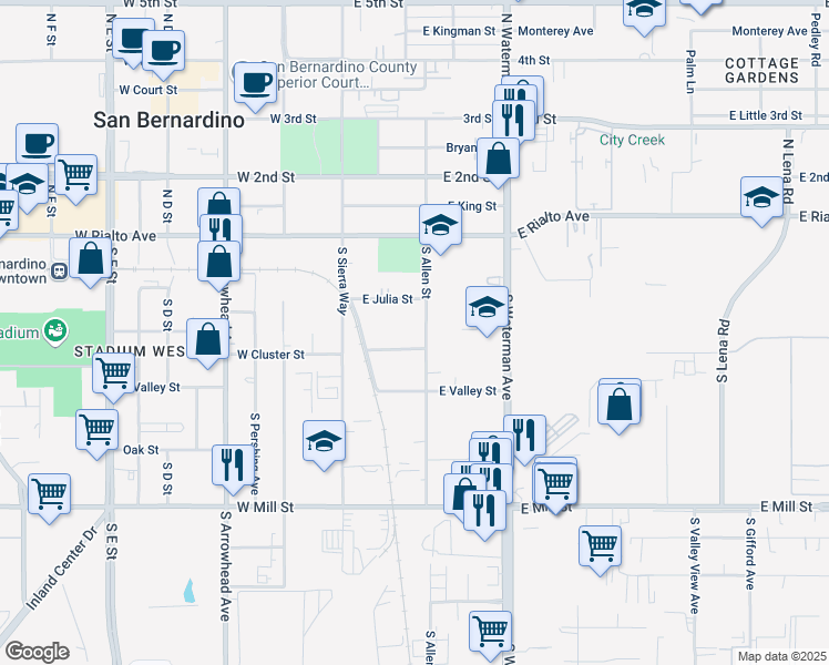 map of restaurants, bars, coffee shops, grocery stores, and more near 236 South Allen Street in San Bernardino