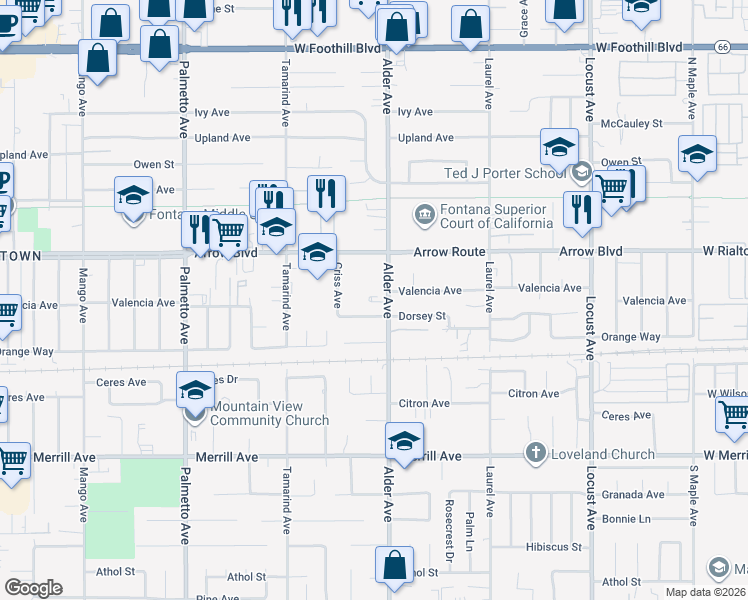 map of restaurants, bars, coffee shops, grocery stores, and more near 8586 Alder Avenue in Fontana