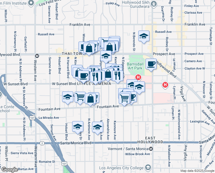 map of restaurants, bars, coffee shops, grocery stores, and more near 5012 Sunset Boulevard in Los Angeles